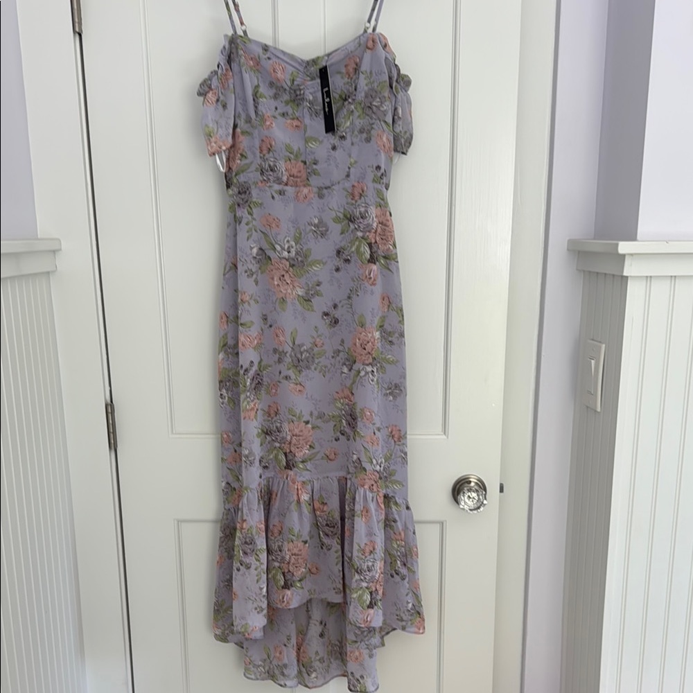 Lulu's Purple Floral Dress with Off the Shoulder Flutter Sleeves